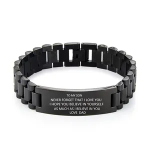 Men's black stainless steel watchband bracelet with engraved heartfelt quote for son