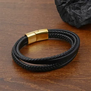 Men's multilayer black braided leather bracelet with a polished gold magnetic clasp