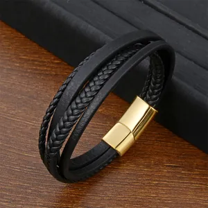 Multi-layer black leather braided bracelet for men with polished gold stainless steel clasp