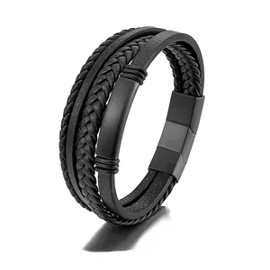 Mehrlagiges schwarzes geflochtenes Lederarmband für Herren mit Anker-Verschluss und Mattplatte