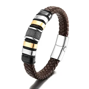 Braided brown leather bracelet for men with steel beads and magnetic buckle