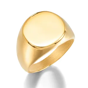 Polished square signet ring for men made of gold-tone stainless steel in minimalist style