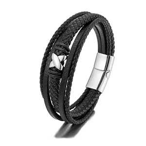 Mehrlagiges schwarzes geflochtenes Lederarmband für Herren mit Ankerverschluss