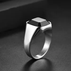 Polished silver stainless steel men's ring featuring a square black onyx stone