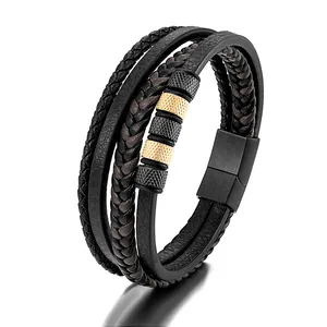 Men's multilayer braided leather bracelet with gold and black knurled beads and magnetic clasp