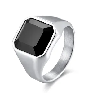 Men's stainless steel ring with square black stone inlay and brushed metal finish