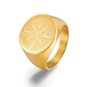 Anillo de sello con brújula vintage para hombre de acero inoxidable oro mate grabado