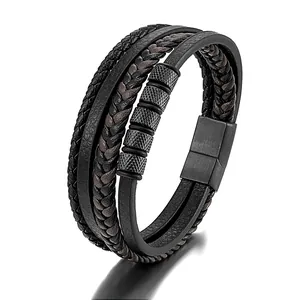 Men's multi-layer woven leather bracelet with black textured metal beads and magnetic clasp