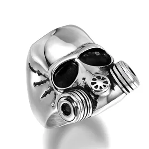 Bague tête de mort masque à gaz en acier inoxydable poli pour hommes style punk