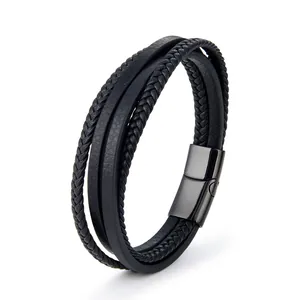 Men's multilayer black braided leather bracelet with square polished magnetic steel clasp