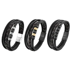 Men's Multilayer Braided Leather Bracelet With 316L Stainless Steel Magnetic Clasp Punk Style Beaded Hand Chain Wristband Jewelry