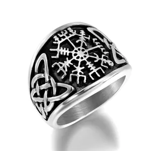 Vintage Edelstahl Kompassring mit Wikinger Vegvisir und keltischen Knotendetails
