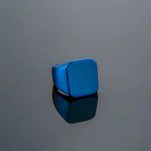 Classic matte blue stainless steel square signet ring for men with polished edges