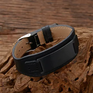 Verstellbares Herren Armband Aus Echtem Leder Mit 316L Edelstahl ID-Platte Retro-Punk-Stil Mode Schmuck Armreif