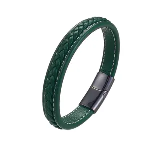 Bracelet pour homme en cuir tressé vert foncé avec fermoir magnétique noir