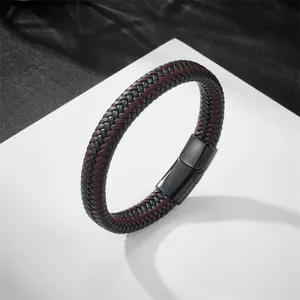 Bracelet tressé en cuir bicolore avec fermoir magnétique noir pour homme