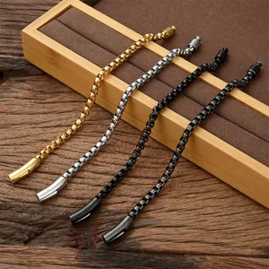 Men's titanium steel box chain bracelets in gold, silver, black, and gunmetal finishes