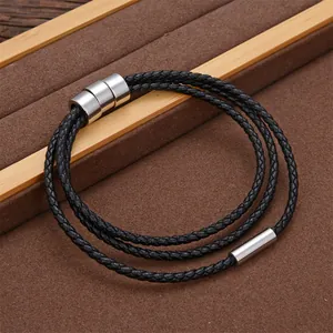 Three-layer braided black leather bracelet with silver magnetic buckle for men