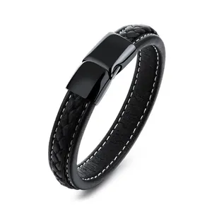 Bracelet en Cuir Tressé pour Hommes à la Mode Avec Fermoir Magnétique en Acier Inoxydable Bracelet Punk Cadeau Bijoux