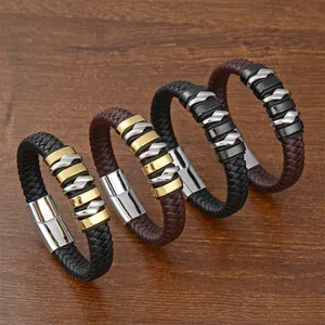 Men Braided Leather Bracelet With Stainless Steel Magnetic Clasp Fashion Business Cuff Jewelry For Men Gift