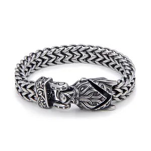 Viking Wolfskopf Edelstahlarmband für Herren mit massiver Vintage-Gliederkette Stil
