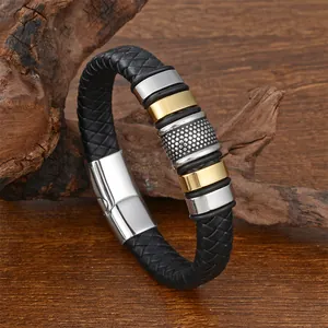 Mehrlagiges geflochtenes Lederarmband für Herren mit gold-silbernen Metallelementen