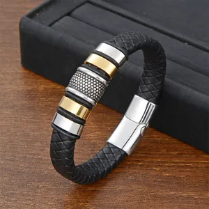 Herren Geflochtenes Spaltleder Armband Edelstahl Magnetverschluss Gold Silber Metallringe Punk Business Mode Schmuck
