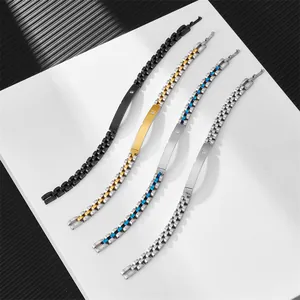 Bracelets 6mm en acier inoxydable avec plaque sertie de zircon en quatre couleurs
