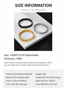 Detailed specs of 10mm thick 316L stainless steel watch-style bangles in 3 colors