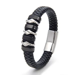 Men's braided leather bracelet with stainless steel rings and magnetic clasp