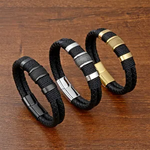 Men's double-layered braided leather bracelet with stainless steel magnetic clasps