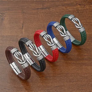 Men Braided Leather Bracelet Stainless Steel Magnetic Clasp Punk Vintage Multilayer Wrap Wristband Jewelry Gift