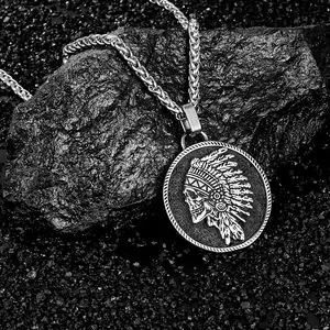 Collar vintage de acero inoxidable para hombre con medallón de calavera india y cadena