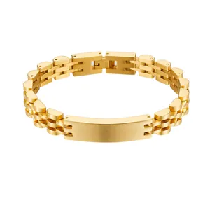 Classic 10mm gold stainless steel watch band bracelet with engravable metal plate