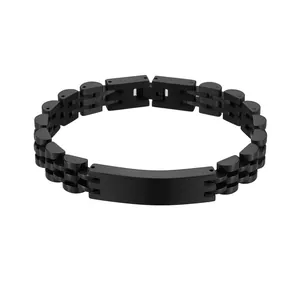 Close-up of matte black 10mm stainless steel watchband link bracelet with engravable metal plate