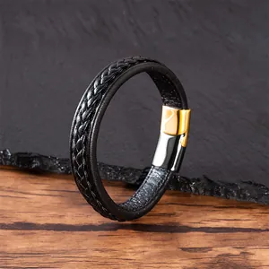 Bracelet classique en cuir noir tressé pour homme avec fermoir en acier doré poli