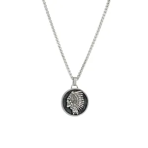 Collar retro de acero inoxidable con colgante de calavera india y cadena de espiga