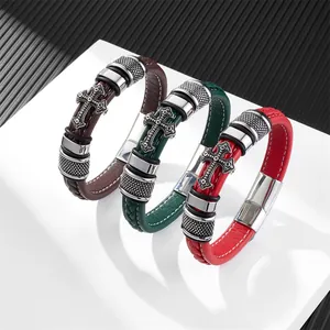 Mens vintage cross braided leather bracelet with magnetic clasp in three distinct colors