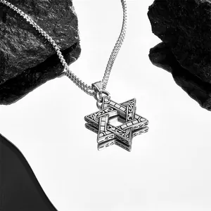 Vintage Stainless Steel Hexagram Pendant Necklace For Men Double Sided Solid Star Of David Etched Pattern Jewelry