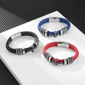 Men's woven leather bracelets with engraved metal cross in black, blue, and red colors