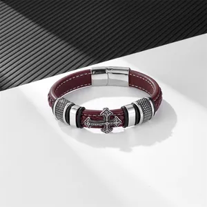 Men's retro cross leather bracelet in dark red with silver stainless steel buckle
