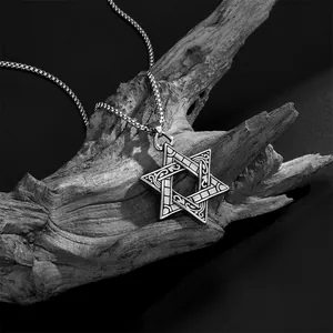 Vintage solid stainless steel hexagram pendant necklace on rustic wood background