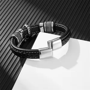 Men's black braided leather bracelet with silver metal cross accents and clasp