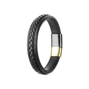 Bracelet en cuir tressé noir pour homme avec fermoir magnétique bicolore or et argent