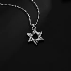 Solid double-sided stainless steel star of David pendant with wheat chain for men