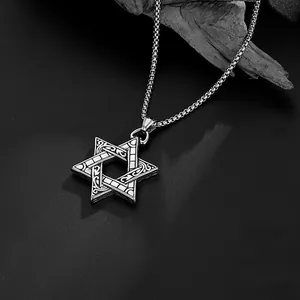 Retro stainless steel Hexagram necklace with intricate engravings on black background