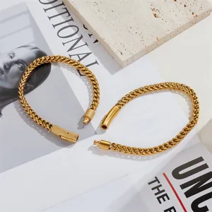 Elegant gold stainless steel wheat chain bracelet with secure cylinder clasp for couples