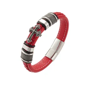 Men's red braided leather bracelet with vintage stainless steel cross and magnetic clasp