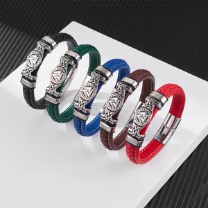 Vintage Herren Geflochtenes Spaltleder Armband Edelstahl Wikinger Valknut Runen Symbol Magnetverschluss Nordisches Armband