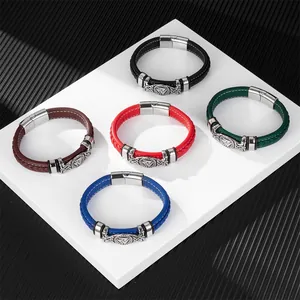 Modische Vintage Wikinger Lederarmbänder mit Edelstahl Valknut Magnetverschluss für Herren
